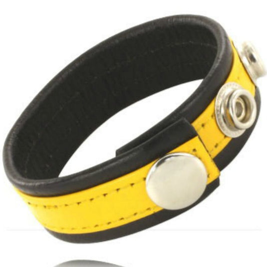 Cinturino in pelle regolabile LEATHER BODY con dettagli giallo e nero, visibile in primo piano, stile elegante e moderno.