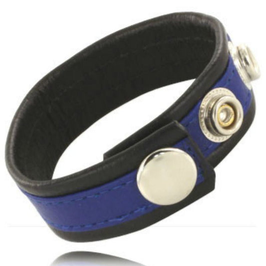 Cinturino in pelle regolabile per pene blu e nero, prodotto da LEATHER BODY, visibile in primo piano con dettagli in pelle.