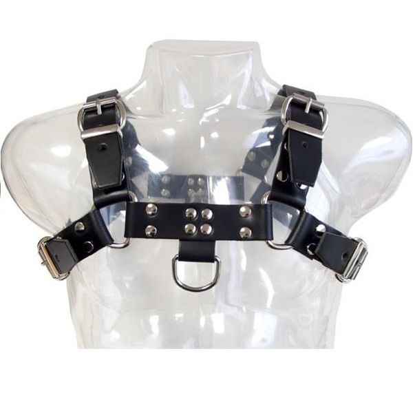 Imbracatura a catena Leather Body in pelle nera, design robust e dettagli in metallo, vista frontale su sfondo neutro.
