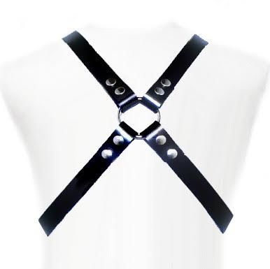 Imbracatura base in pelle LEATHER BODY con dettagli resistenti e regolabili, vista frontale su sfondo neutro.