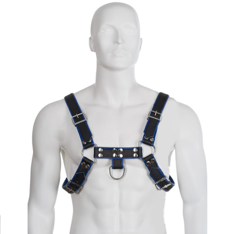 Imbracatura in pelle blu e nera LEATHER BODY per bulldog, con dettagli resistenti e comodi per il pet.