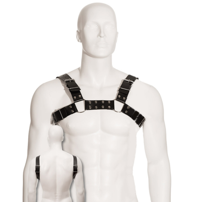 Imbracatura nera in pelle per bulldog, marca LEATHER BODY, con dettagli robusti e comfort per cani di taglia grande.