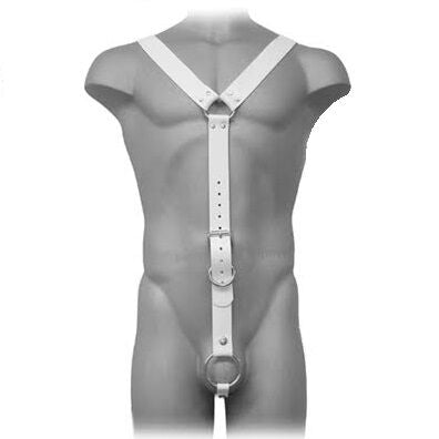 Imbracatura uomo bianca in pelle Leather Body con dettagli eleganti e design aderente, vista frontale dell'imbracatura.