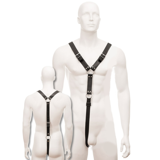 Imbracatura uomo nera in pelle LEATHER BODY, dettaglio della resistente e elegante cintura in pelle nera.