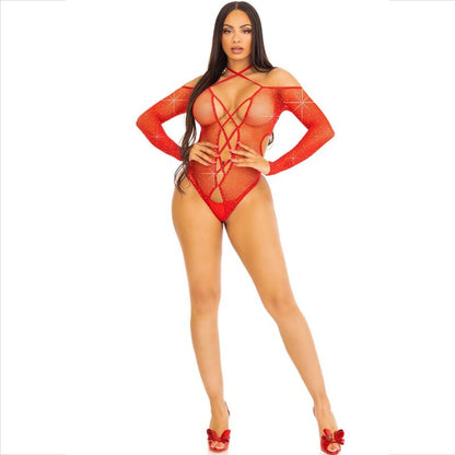 Leg Avenue body crothless in rosso lucido, calze senza cuciture di colore rosso brillante, morbide e aderenti.