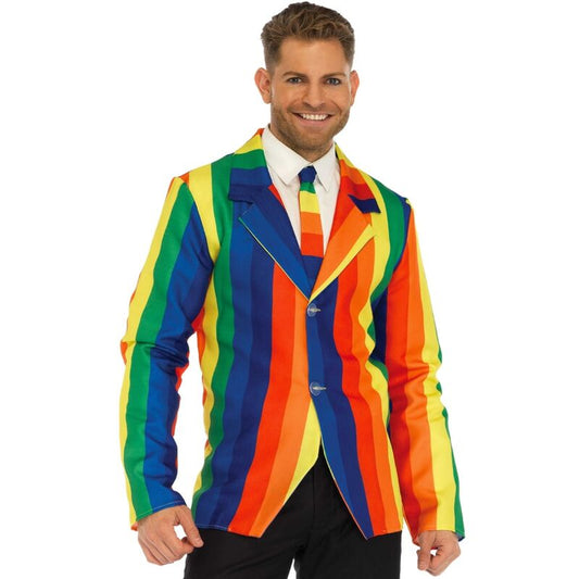 Blazer nero e cravatta arcobaleno di LEG AVENUE COSTUMES, completo per costume o evento speciale, visibile in primo piano
