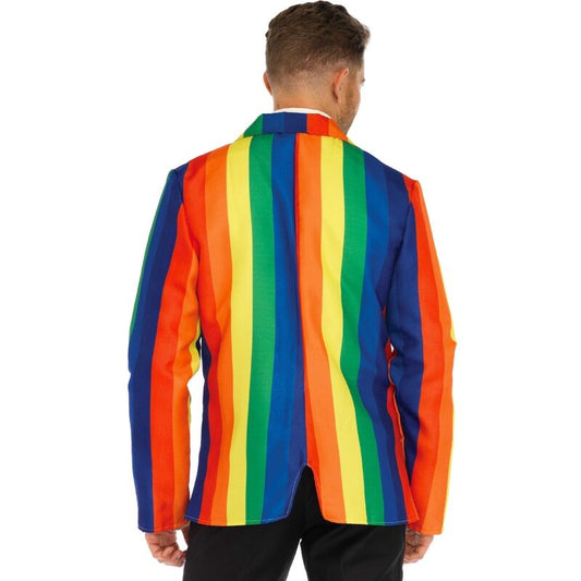 Blazer nero e cravatta rainbow di LEG AVENUE COSTUMES, abbigliamento per costume con dettagli colorati e stile elegante.