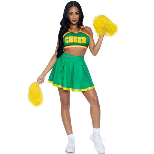 Costume da cheerleader LEG AVENUE verde, taglia M/L, con gonna e top con dettagli sportivi, ideale per feste in maschera.