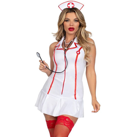 Costume da capo infermiera bianco LEG AVENUE, taglia M/L, completo di abbigliamento da infermiera femminile.