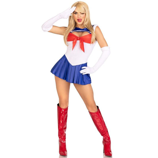 Costume sexy da marinaia multicolore LEG AVENUE, con top a righe, pantaloncini e accessori nautici, ideale per feste a tema.