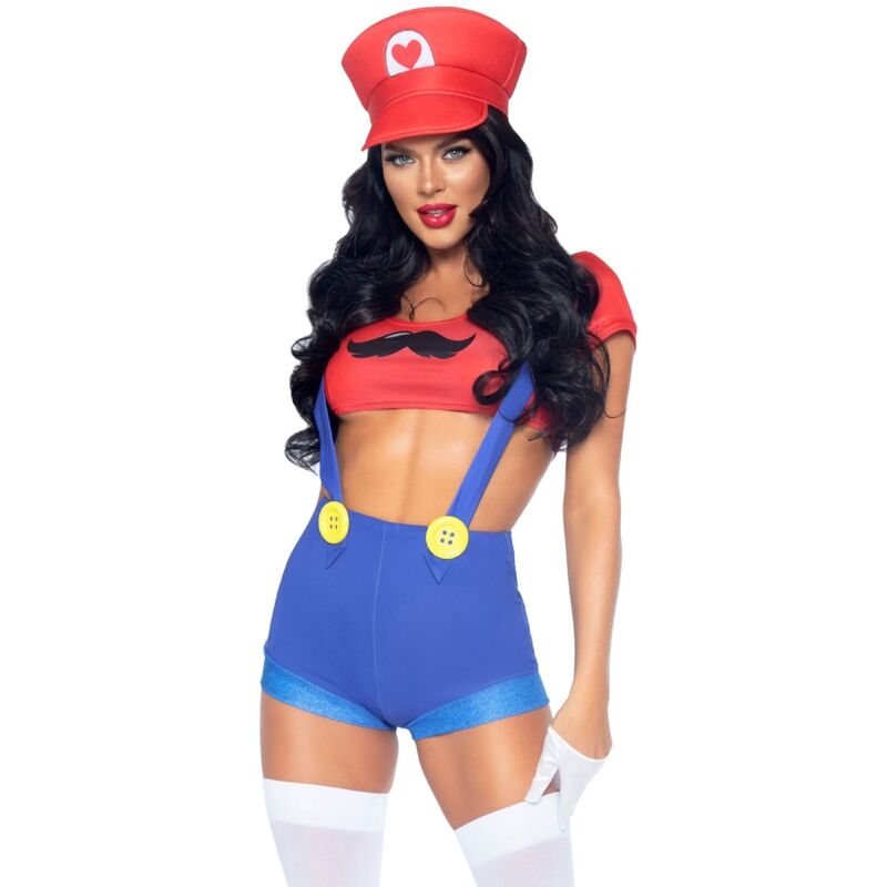 Costume sexy di Mario Bros di LEG AVENUE, completo rosso e blu, con cappello e dettagli giocosi per carnevale o feste a tema.