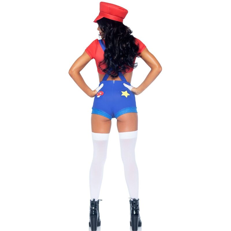 Costume sexy di Mario Bros rosso e blu di LEG AVENUE, completo con cappello e tuta, ideale per cosplay e feste a tema.