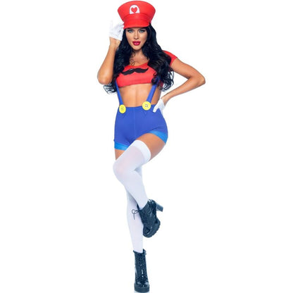 Costume sexy Mario Bros rosso e blu di LEG AVENUE, completo con cappello e dettagli caratteristici per travestimento divertente