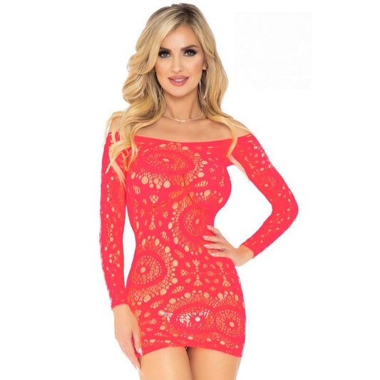 Vestito corto a maniche lunghe in pizzo all'uncinetto rosso di LEG AVENUE, abito elegante e femminile, taglia unica.