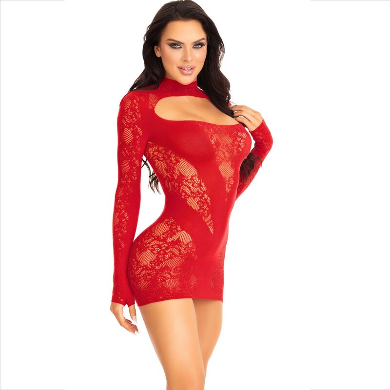 Vestito mini rosso con maniche lunghe in pizzo LEG AVENUE, abito elegante con dettagli in pizzo e taglio aderente.