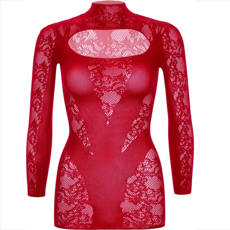 Mini abito rosso con maniche lunghe e dettagli in pizzo, brand LEG AVENUE DRESSES, vestito elegante e femminile.
