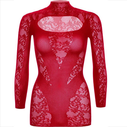 Mini abito rosso con maniche lunghe e dettagli in pizzo, brand LEG AVENUE DRESSES, vestito elegante e femminile.