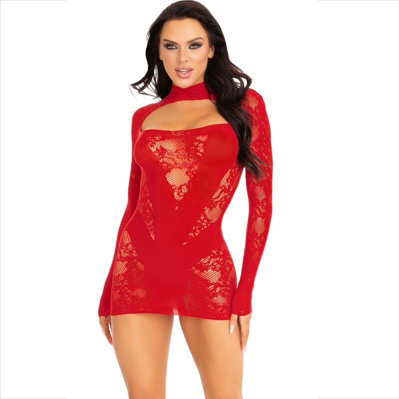 Mini abito con pizzo a manica lunga di LEG AVENUE, rosso, elegante e dettagliato, perfetto per occasioni speciali.
