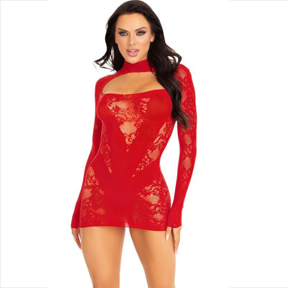Mini abito con pizzo a manica lunga di LEG AVENUE, rosso, elegante e dettagliato, perfetto per occasioni speciali.
