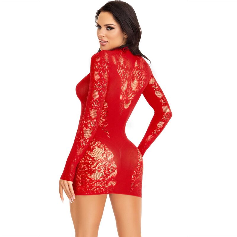Mini abito rosso con pizzo a manica lunga di LEG AVENUE, vestito elegante con dettagli in pizzo e stile femminile.