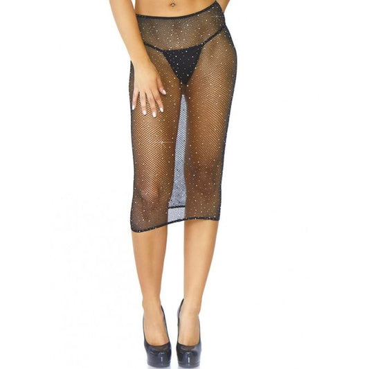 Vestito multistrato nero in rete con cristalli, firmato LEG AVENUE DRESSES, visibile in dettaglio sull'immagine.