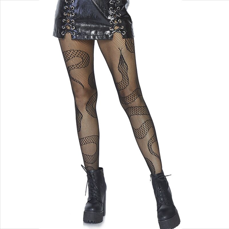 Calze a rete nere con motivo serpente di LEG AVENUE HOSIERY, visibili in dettaglio su sfondo neutro.