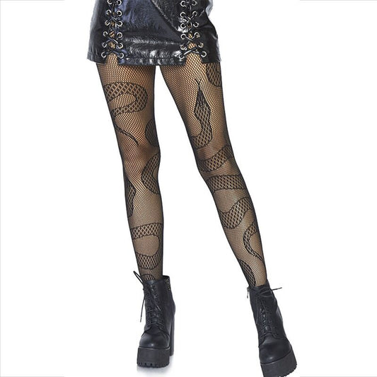 Calze a rete nere con motivo serpente di LEG AVENUE HOSIERY, visibili in dettaglio su sfondo neutro.