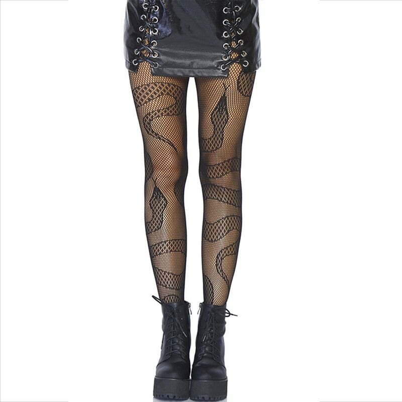 Calze a rete nere a motivo serpente di LEG AVENUE HOSIERY, eleganti e sexy, visibili in dettaglio nell'immagine.