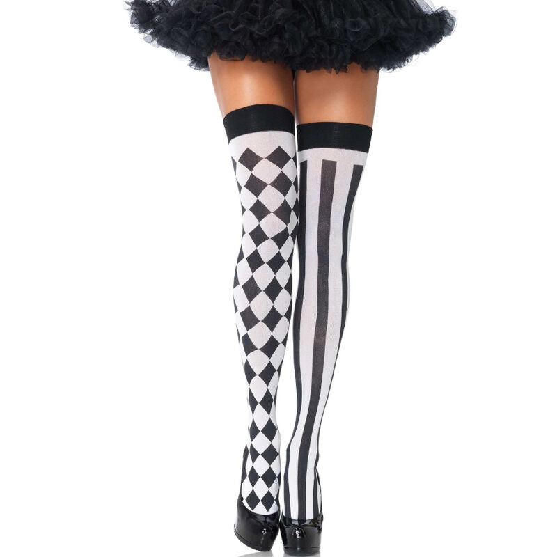 Calzini alti arlecchino bianco e nero di LEG AVENUE HOSIERY, motivo a quadri colorati e design originale.