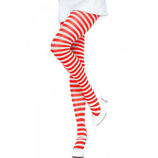 Collant a righe bianco e rosso di LEG AVENUE HOSIERY, dettaglio delle gambe con motivo a righe colorate.