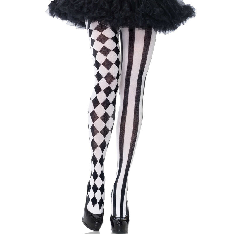Collant arlecchino nero e bianco di LEG AVENUE HOSIERY, dettagli colorati e motivi a quadretti su gambe femminili.