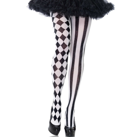 Collant arlecchino nero e bianco di LEG AVENUE HOSIERY, dettagli colorati e motivi a quadretti su gambe femminili.