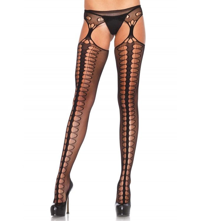 Collant nero con giarrettiera esclusiva di LEG AVENUE HOSIERY, dettaglio elegante e sofisticato.