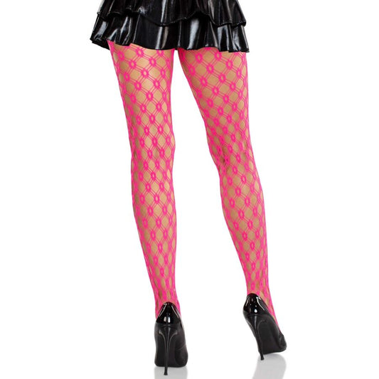 Collant in pizzo con occhielli rosa neon di LEG AVENUE HOSIERY, dettaglio di calze eleganti e colorate.