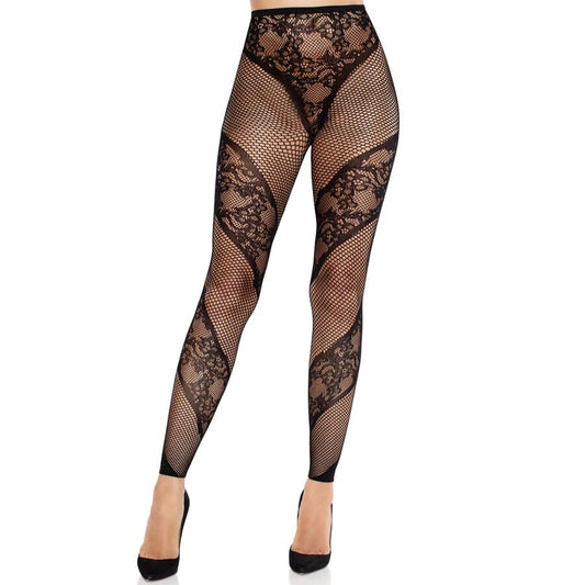 Collant senza piede nero in pizzo trasparente di LEG AVENUE HOSIERY, dettaglio elegante e femminile.