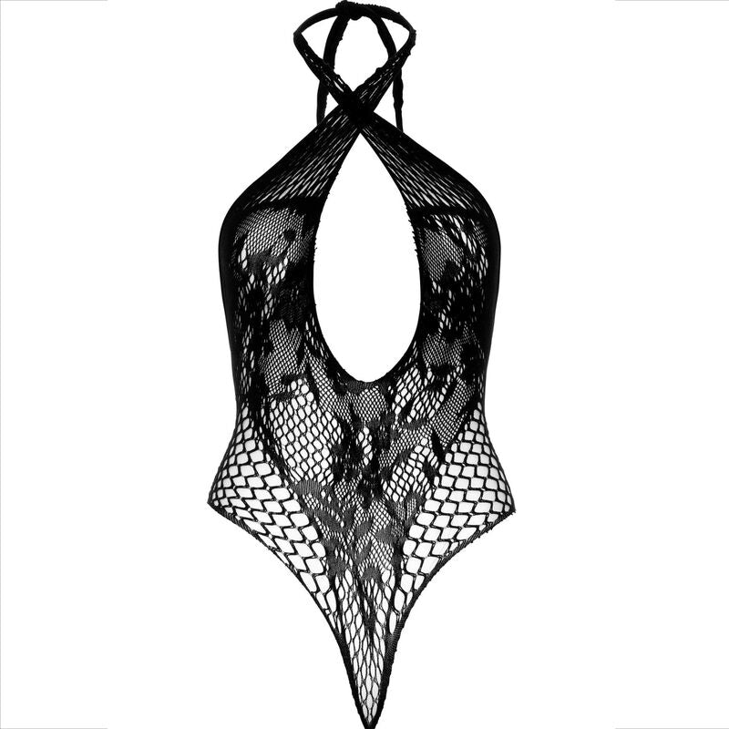 Ragazza indossa una cavezza teddy nero con pizzo, prodotto LEG AVENUE, lingerie seducente e elegante in tessuto morbido.