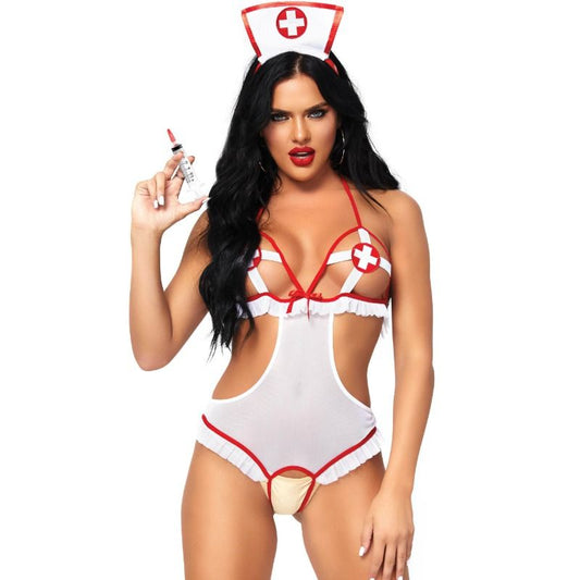 Lingerie nurse open crothless teddy LEG AVENUE TEDDIES in taglia unica, tessuto nero con dettagli eleganti e aperto sul davanti.