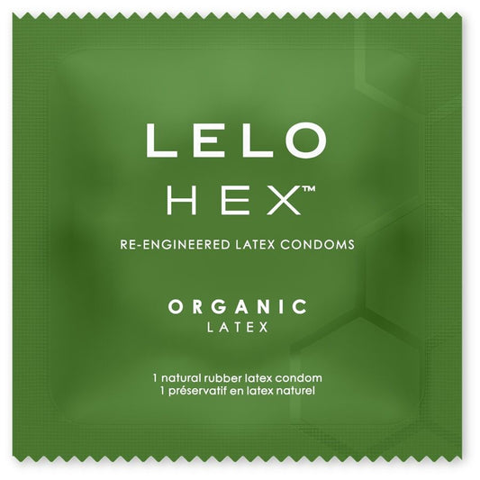 Confezione di 12 preservativi LELO HEX organici con scatola elegante e design innovativo, visibili nel packaging.