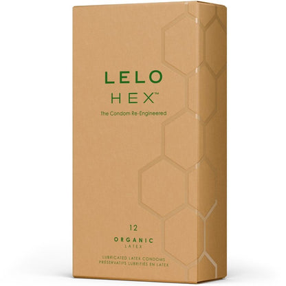 Confezione di 12 preservativi organici LELO HEX, scatola con design elegante e preservativi a forma esagonale.