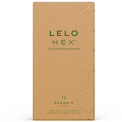 Confezione di 12 preservativi LELO HEX ORGANIC in scatola, evidenziando il design e il marchio LELO.