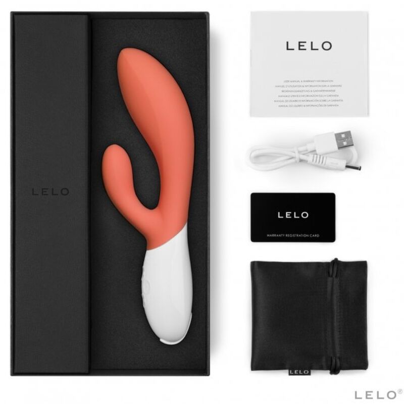 Vibratore di lusso LELO INA 3 con design coniglio color corallo, dettagli eleganti e superficie liscia per piacere.