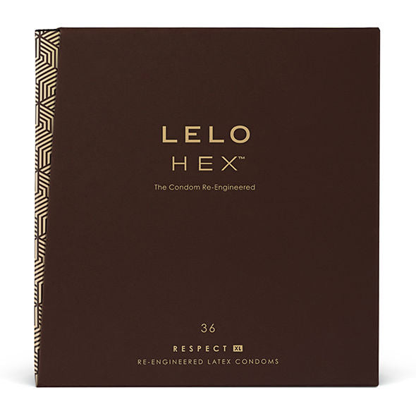 Preservativi HEX Respect XL di LELO, confezione da 36, con dettaglio sulla scatola e il design del packaging.