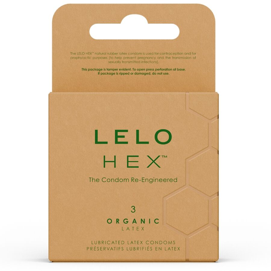Preservativi organici LELO HEX in confezione da 3 unità, dettagli e stile del packaging visibili.