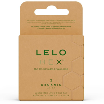 Preservativi organici LELO HEX in confezione da 3 unità, dettagli e stile del packaging visibili.