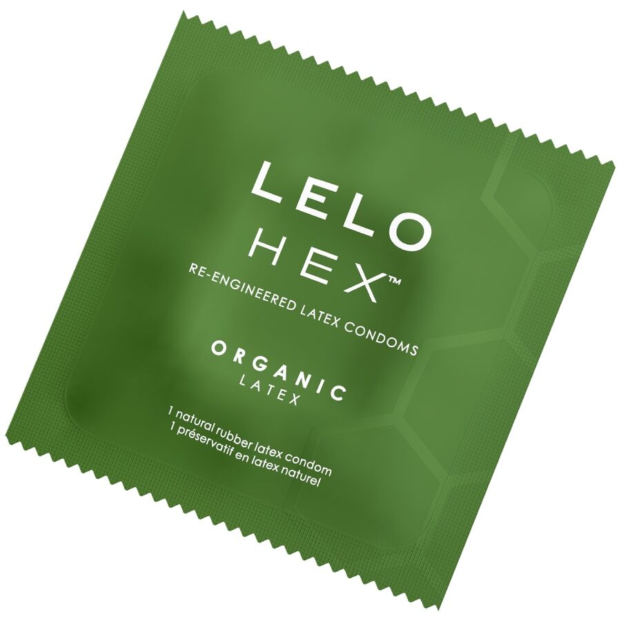 Preservativi organici HEX LELO in confezione da 36 unità, dettagliati e naturali, con confezione e design visibile.