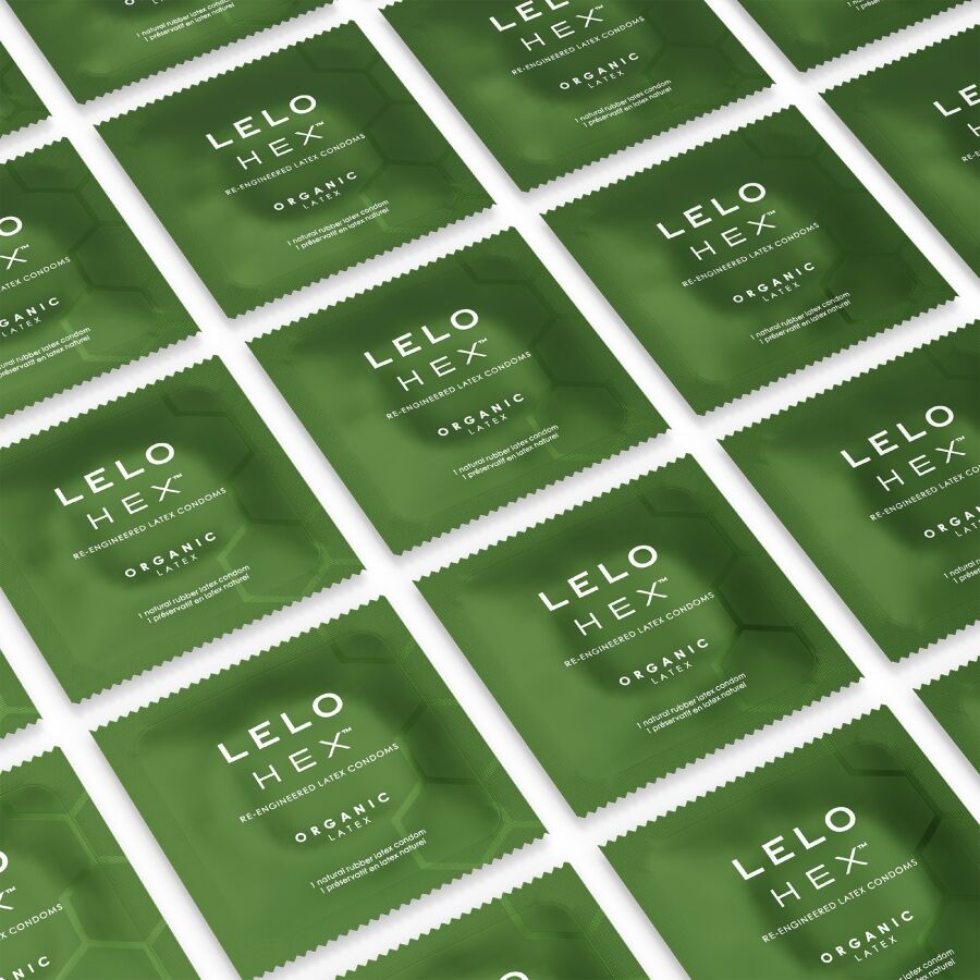 Preservativi organici LELO HEX, confezione da 36 unità, con scatola bianca e dettagli del prodotto visibili.