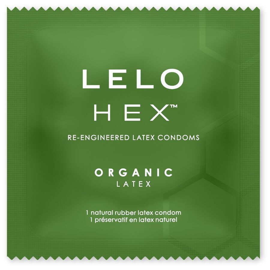 Preservativi organici LELO HEX, confezione da 36 unità, mostrando il packaging e il logo del prodotto.
