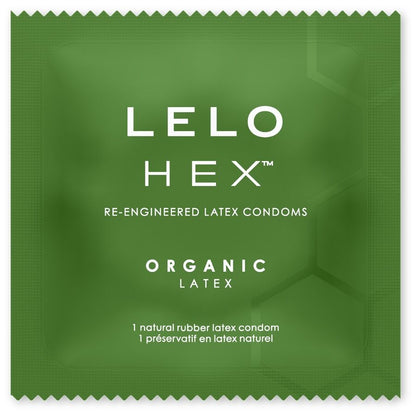 Preservativi organici LELO HEX, confezione da 36 unità, mostrando il packaging e il logo del prodotto.