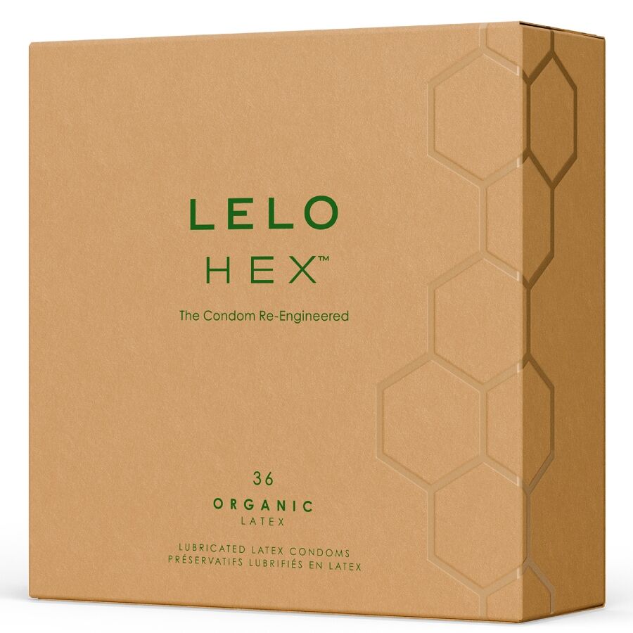 Preservativi organici HEX LELO, confezione da 36 unità, con dettagli e design del packaging visibile nell'immagine.