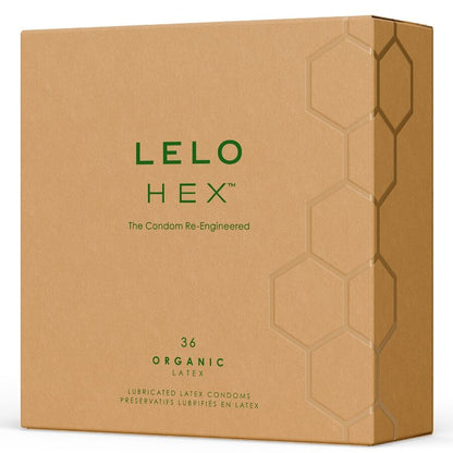 Preservativi organici HEX LELO, confezione da 36 unità, con dettagli e design del packaging visibile nell'immagine.